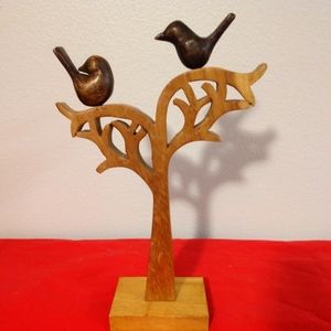 BIRDS IN A TREE WOODEN SCULPTURE, 2 BIRDS IN TREE, MIXED WOODS, DARLING!